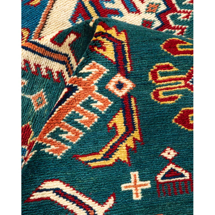 One of a Kind Hand Made Tribal Tribal Wool Area Rug Green 5 x 8