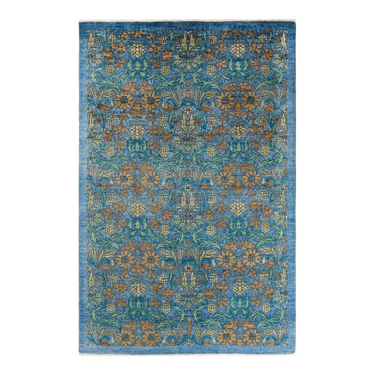 One of a Kind Hand Made Arts & Crafts Floral Wool Area Rug Blue 6 x 9