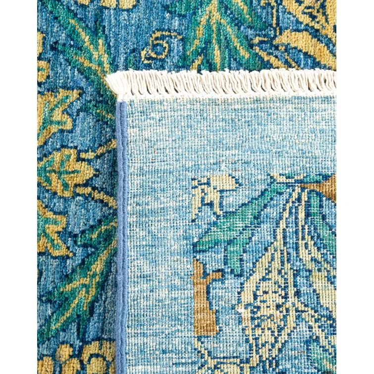 One of a Kind Hand Made Arts & Crafts Floral Wool Area Rug Blue 6 x 9