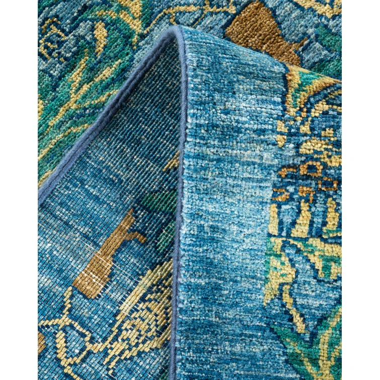 One of a Kind Hand Made Arts & Crafts Floral Wool Area Rug Blue 6 x 9