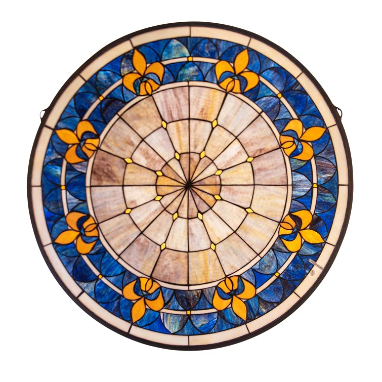 Victorian Fleur-De-Lis Blue and Beige Stained Glass Window Panel