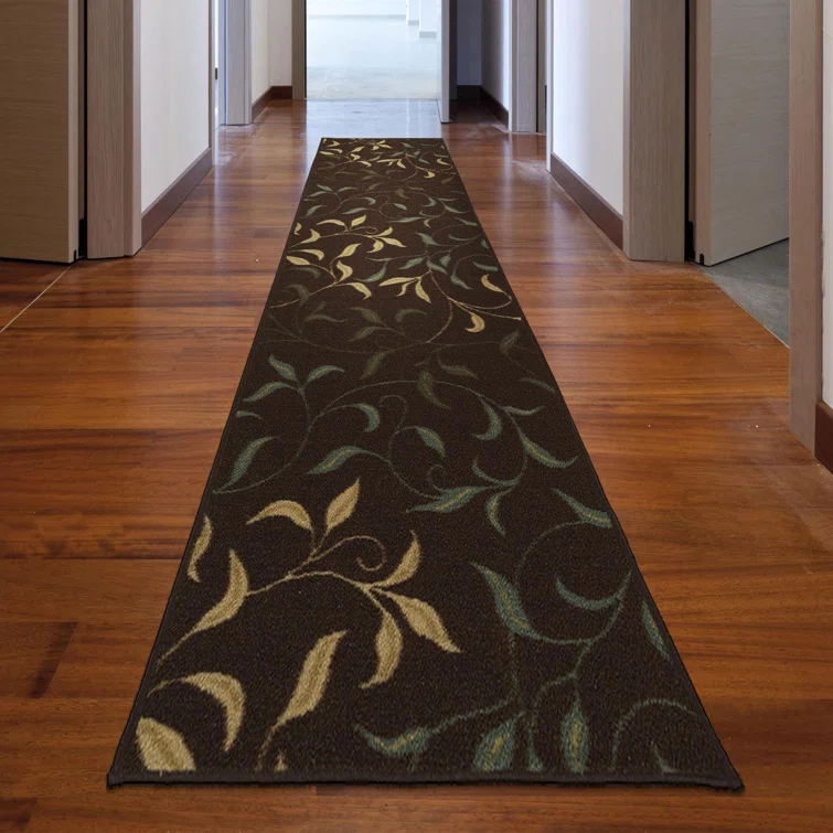 Ottohome Non-Slip Leaves Area Rug For Living Room, Hallway Runner, Entryway Rug, Brown