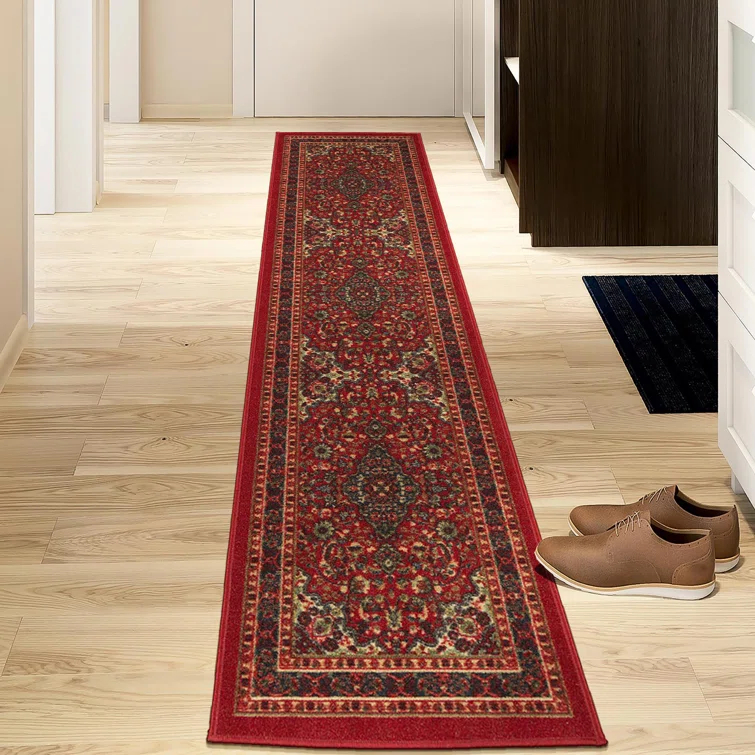 Ottohome Non-Slip Medallion Oriental Area Rug For Living Room, Hallway, Entryway Rug, Dark Red
