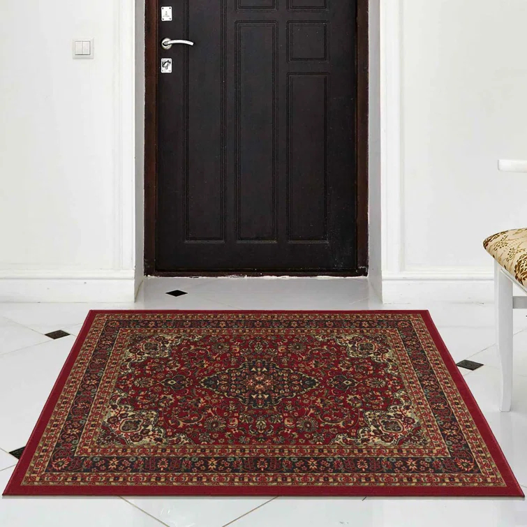 Ottohome Non-Slip Medallion Oriental Area Rug For Living Room, Hallway, Entryway Rug, Dark Red
