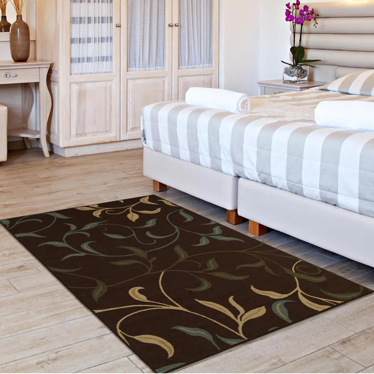 Ottohome Non-Slip Leaves Area Rug For Living Room, Hallway Runner, Entryway Rug, Brown