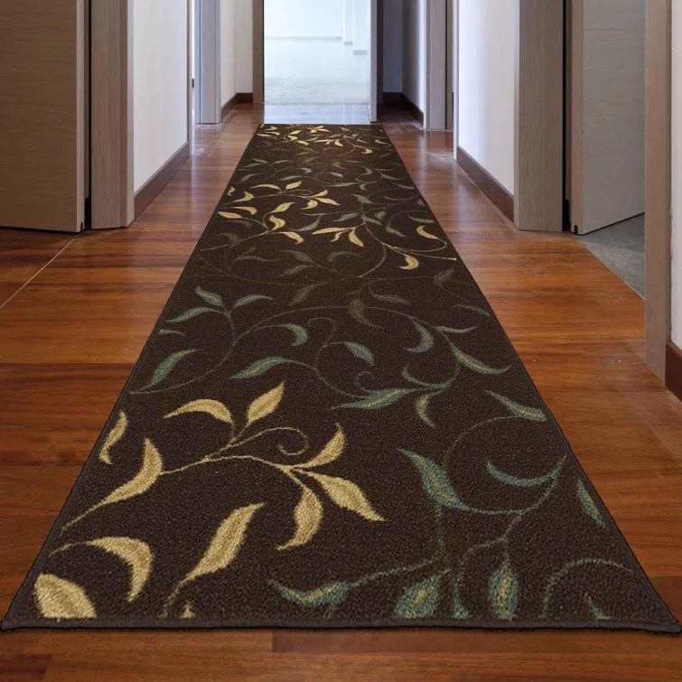 Ottohome Non-Slip Leaves Area Rug For Living Room, Hallway Runner, Entryway Rug, Brown
