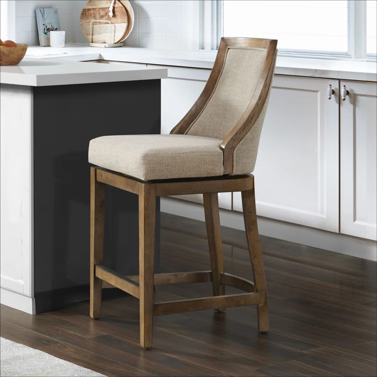 Alaterre Ellie Bar Height Stool, Back, Swivel Seat, Brown, Upholstered Padded Seat, Rubberwood Frame, Steel Memory Return Mechanism, Dimensions 19 in. W x 22 in. D x 46 in. H, Footrest, Metal Kick Plate