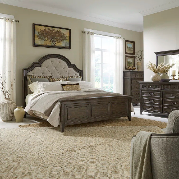 Deriah Upholstered Bed, Dresser & Mirror, Chest Set