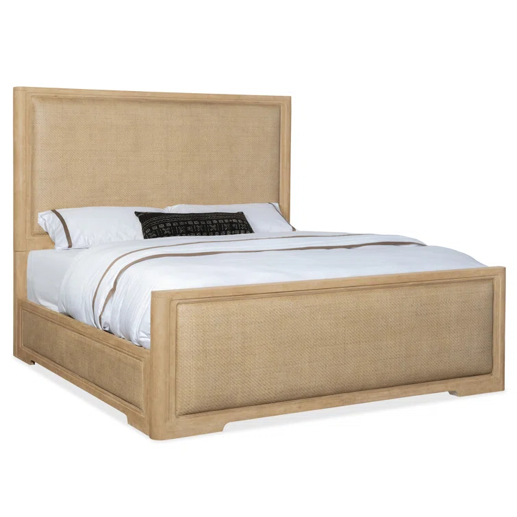 Beige Wood California King Upholstered Panel Bed with Headboard