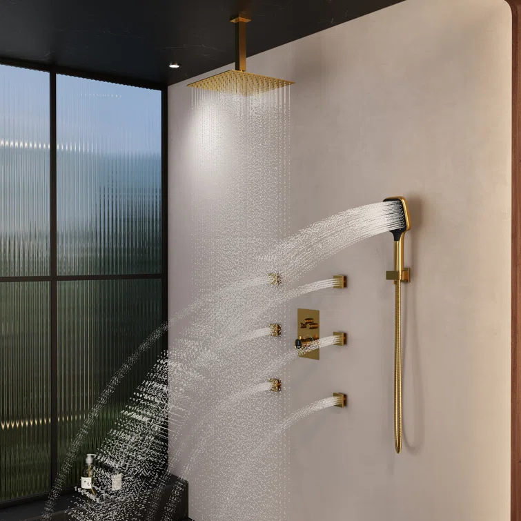 Revitalize 3-Function 12 Inch Wall Mount Rainfall Thermostatic Shower System with 6 Body Jets