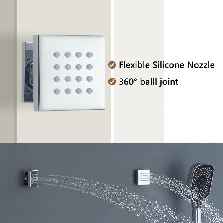 Revitalize 3-Function 12 Inch Wall Mount Rainfall Thermostatic Shower System with 6 Body Jets