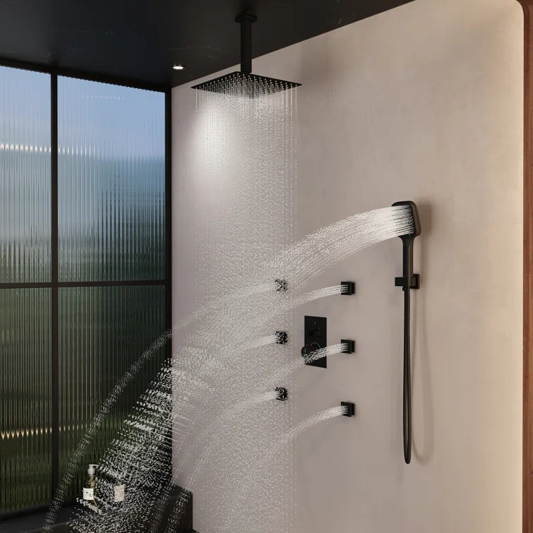 Revitalize 3-Function 12 Inch Ceiling Mount Rainfall Thermostatic Shower System with 6 Body Jets