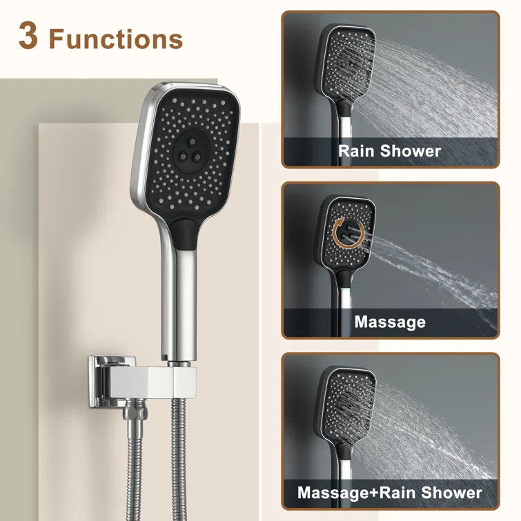 Revitalize 3-Function 12 Inch Ceiling Mount Rainfall Thermostatic Shower System with 6 Body Jets