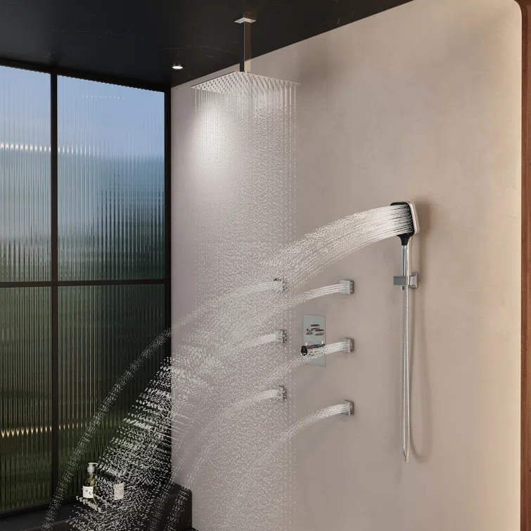 Revitalize 3-Function 12 Inch Ceiling Mount Rainfall Thermostatic Shower System with 6 Body Jets