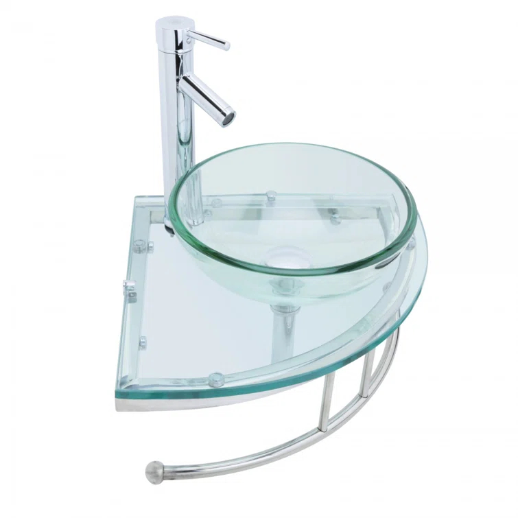 The Renovators Supply Inc. 10889 Round Corner Glass Wall Mount Bathroom Vessel Sink with Chrome Faucet Towel Bar