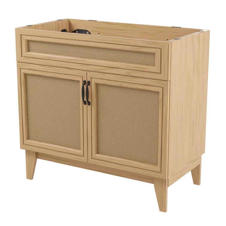 Javer 36" Rattan Modern Farmhouse 2-Shelf Bath Vanity Cabinet Only (Sink Basin not Included)
