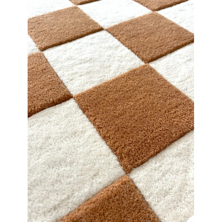 Terra Brown and White Hand-Tufted Wool Checkerboard Rug