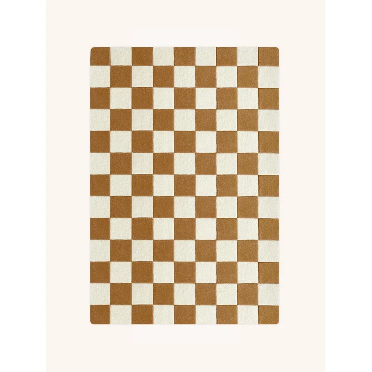 Terra Brown and White Hand-Tufted Wool Checkerboard Rug
