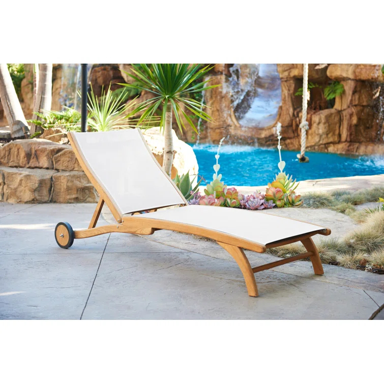 White Teak Outdoor Reclining Chaise Lounger with Wheels