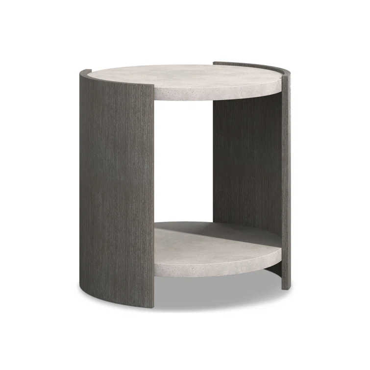 Beige and Gray Round Wood and Glass Side Table