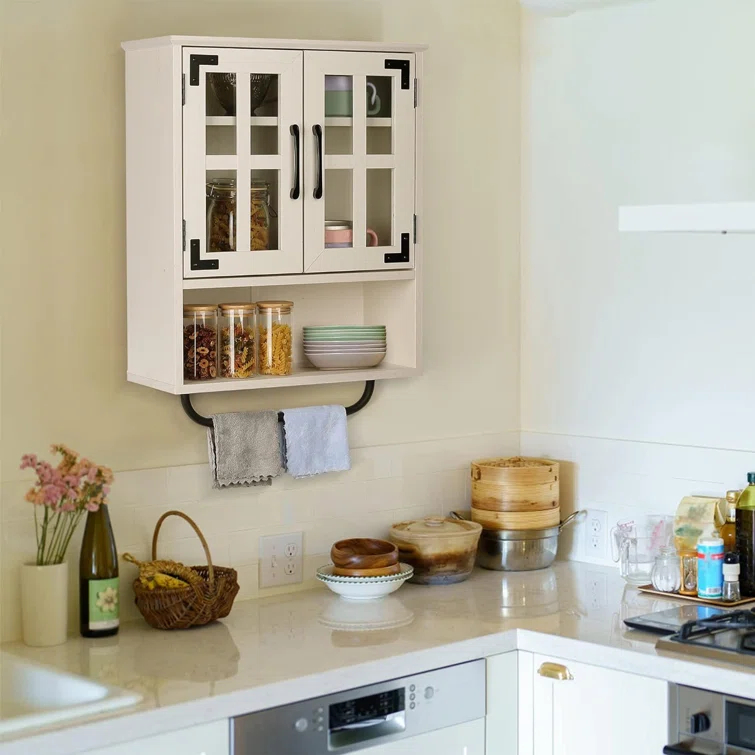 Wood Wall Storage Cabinet With Cross Glass Doors, Farmhouse Wall Mounted, 3 Tier Rustic Cabinet With Adjustable Shelves And Towel Bar For Bathroom, Living Room, Vintage White