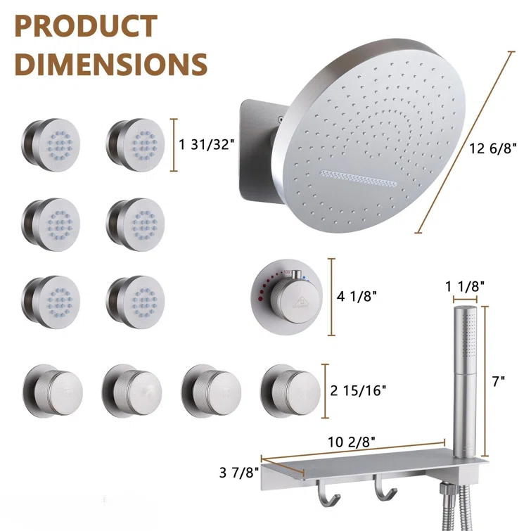 Rainfall Thermostatic Shower System with Body Jets, 2-Sprays Shower Head and a Shelf