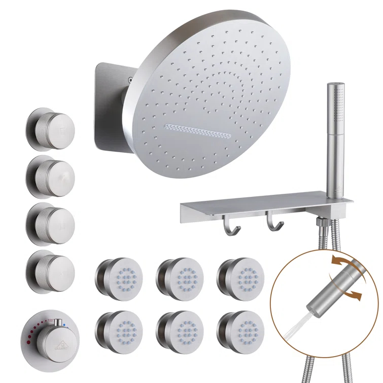 Rainfall Thermostatic Shower System with Body Jets, 2-Sprays Shower Head and a Shelf