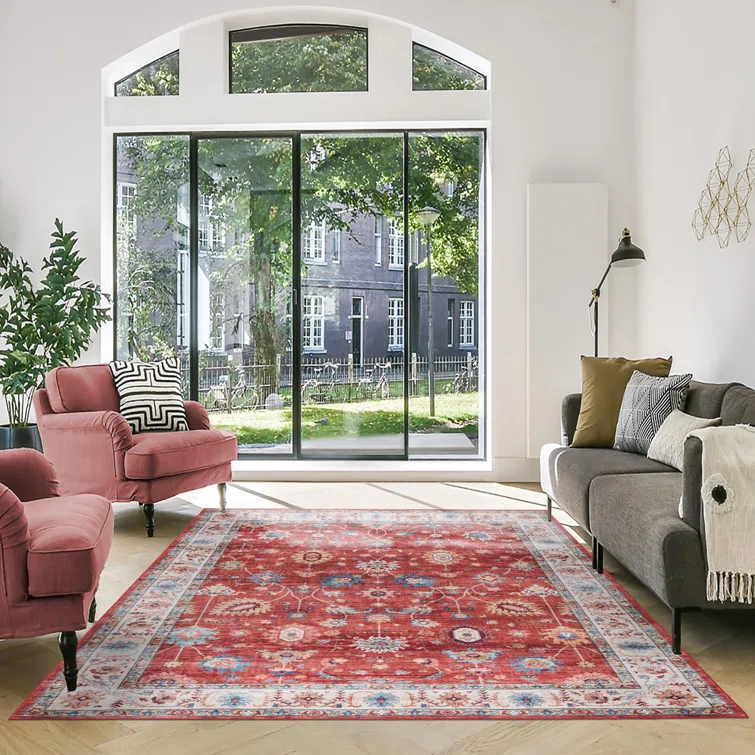 Gertmenian Crystal Print Cullen Red Cream Multi Traditional Transitional Casual Floral Washable Digital Print Indoor Area Rug