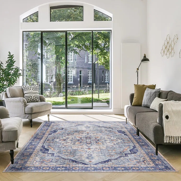 Gertmenian Crystal Print Tiefi Traditional Medallion Navy Blue Ivory Multi Washable Flat Pile Indoor Area Rug