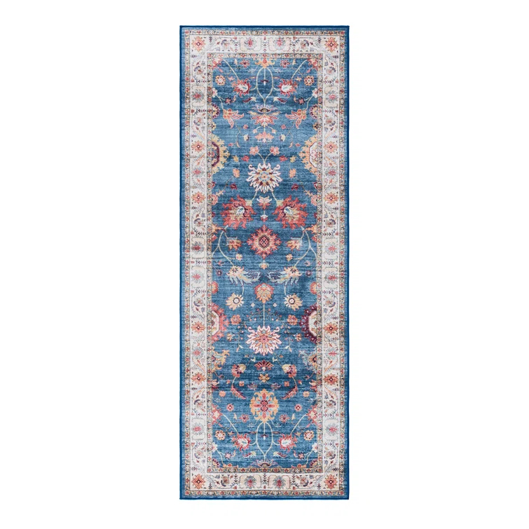 Gertmenian Crystal Print Cullen Navy Blue Beige Multi Transitional Floral Border Washable Flat Pile Indoor Area Rug