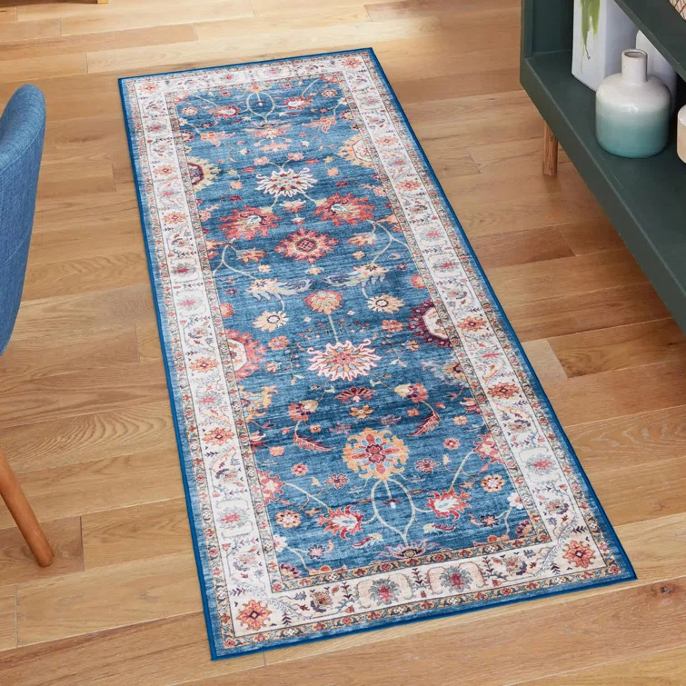 Gertmenian Crystal Print Cullen Navy Blue Beige Multi Transitional Floral Border Washable Flat Pile Indoor Area Rug