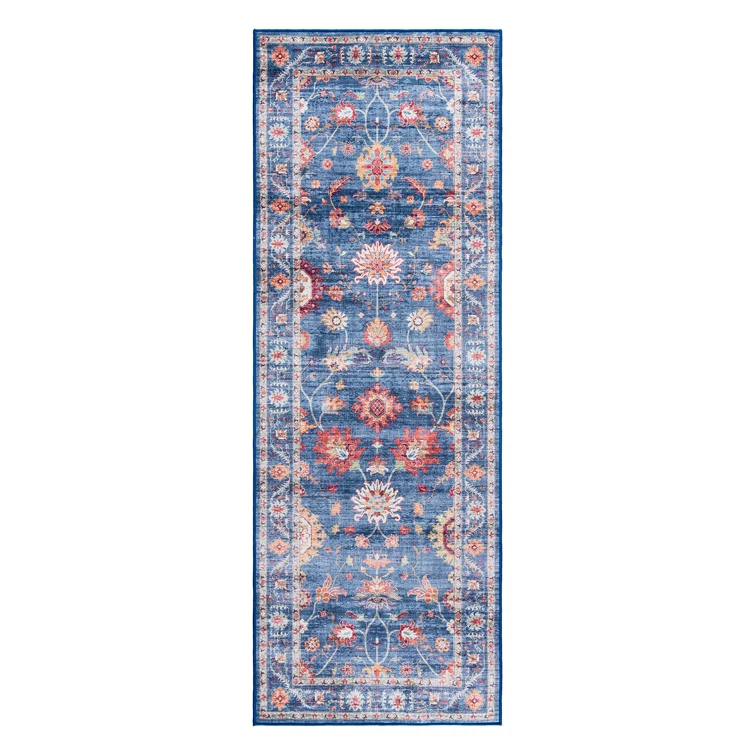 Gertmenian Crystal Print Cullen Navy Blue Multi Transitional Floral Border Washable Flat Pile Indoor Area Rug