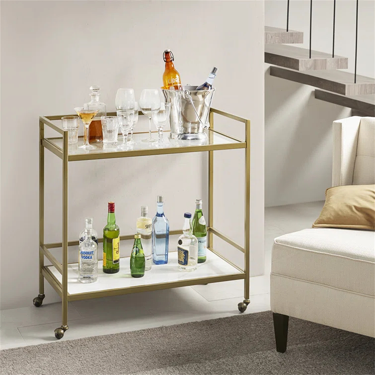 Martha Stewart Lionel 2-Tier Bar Cart with Glass Top and Ceramic Shelf
