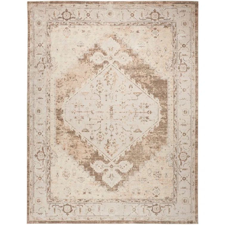 Haydel Oriental Machine Washable Power Loom Polyester Area Rug in Beige