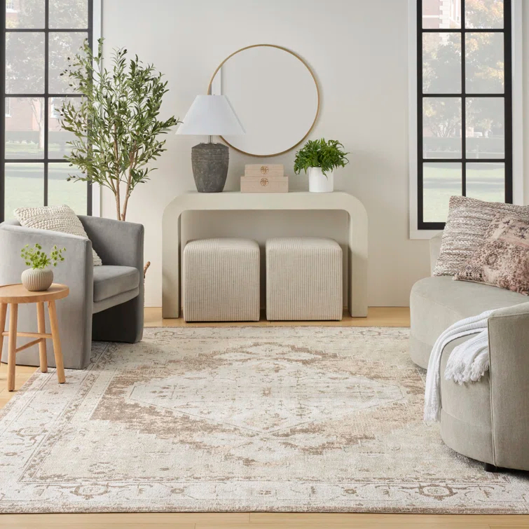 Haydel Oriental Machine Washable Power Loom Polyester Area Rug in Beige