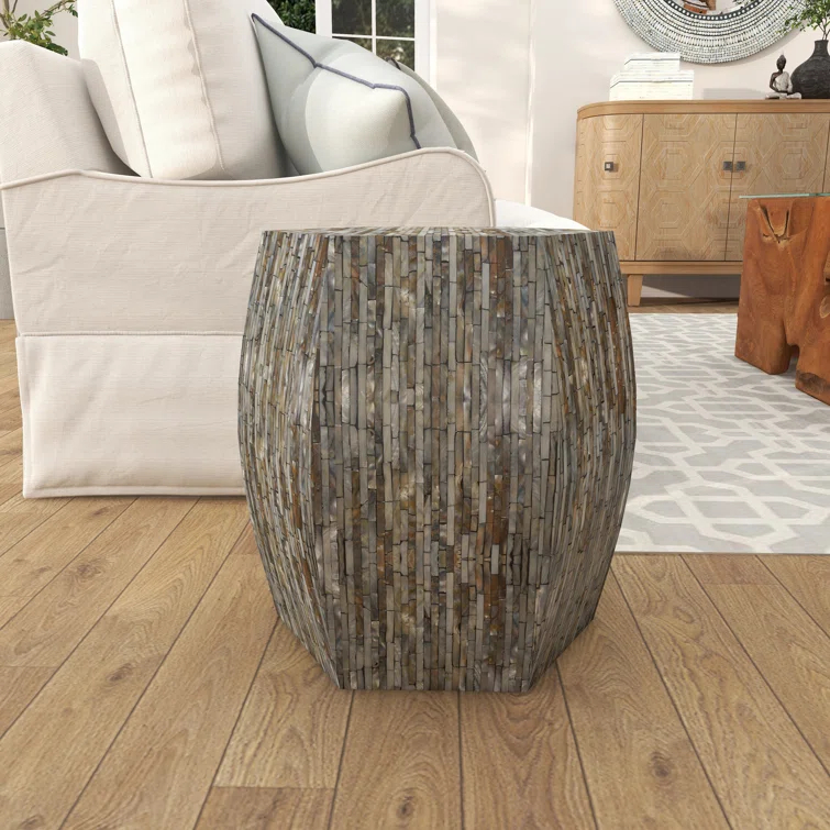 Wrought Studio™ Alissa Mother of Pearl Shell Handmade Shell Mosaic Hexagon Side End Gray Accent Table with Brown Accents