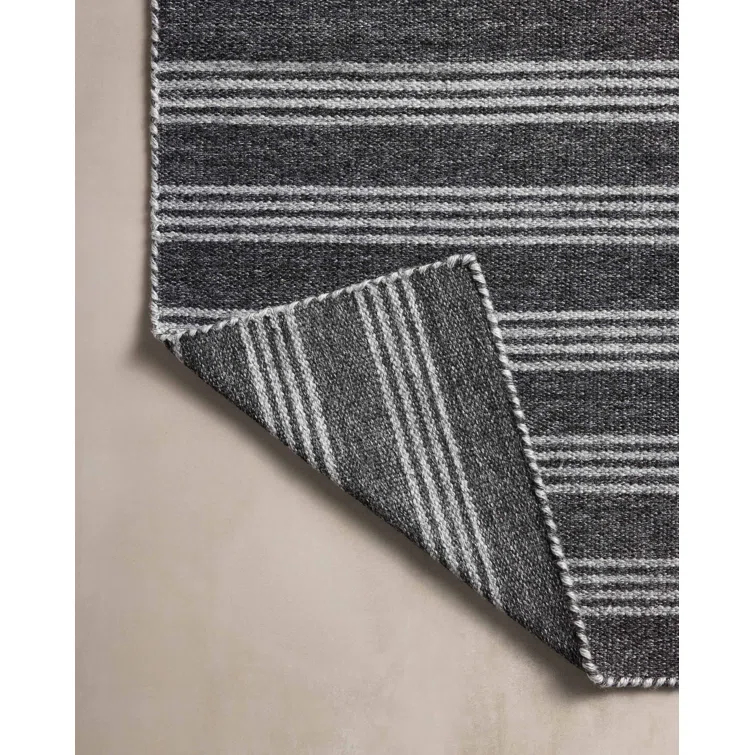 Charlie Striped Hand Loomed Polyester Indoor / Outdoor Area Rug in Black/Gray