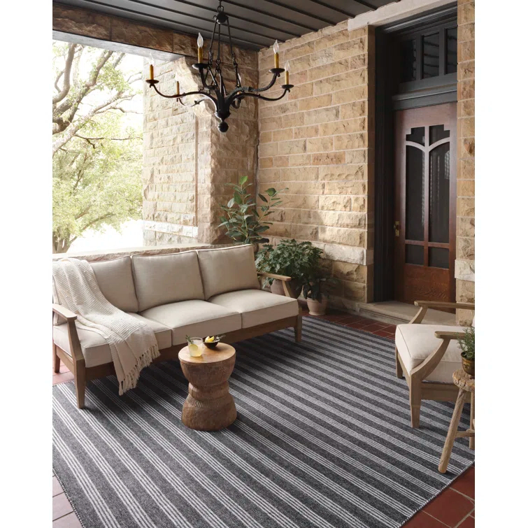 Charlie Striped Hand Loomed Polyester Indoor / Outdoor Area Rug in Black/Gray