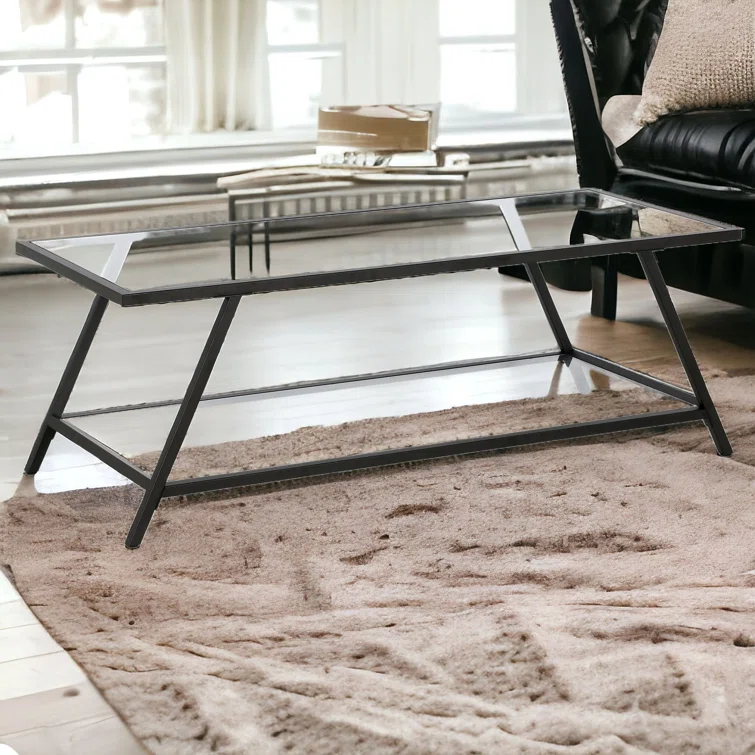 Yair 48" Glass And Steel Coffee Table With Shelf