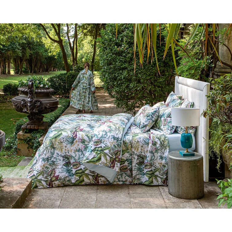 King Multicolor Cotton Floral Duvet Cover with Piping Trim