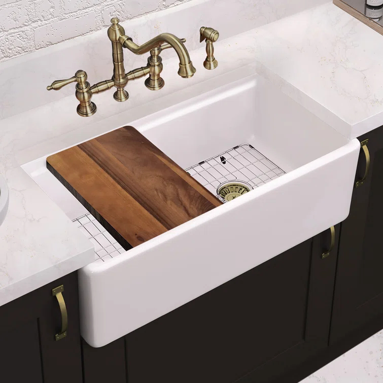 Whitehaus Collection Front Apron Single Bowl Fireclay Kitchen Sinks with Cutting Board and Grid