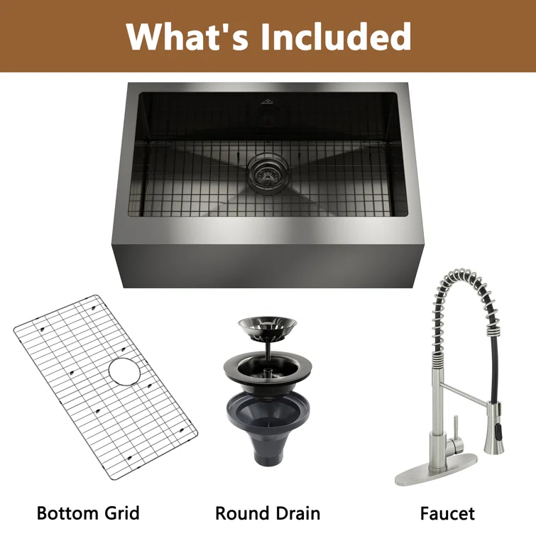 33" L x 22" W Farmhouse Kitchen Sink with Faucet, Stainless Steel Grid