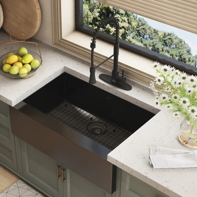 33" L x 22" W Farmhouse Kitchen Sink with Faucet, Stainless Steel Grid