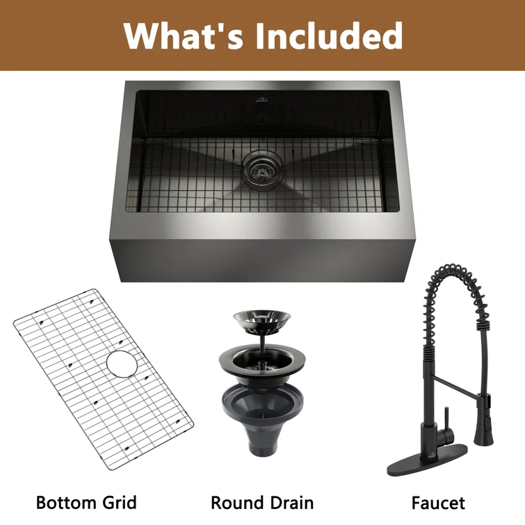 33" L x 22" W Farmhouse Kitchen Sink with Faucet, Stainless Steel Grid