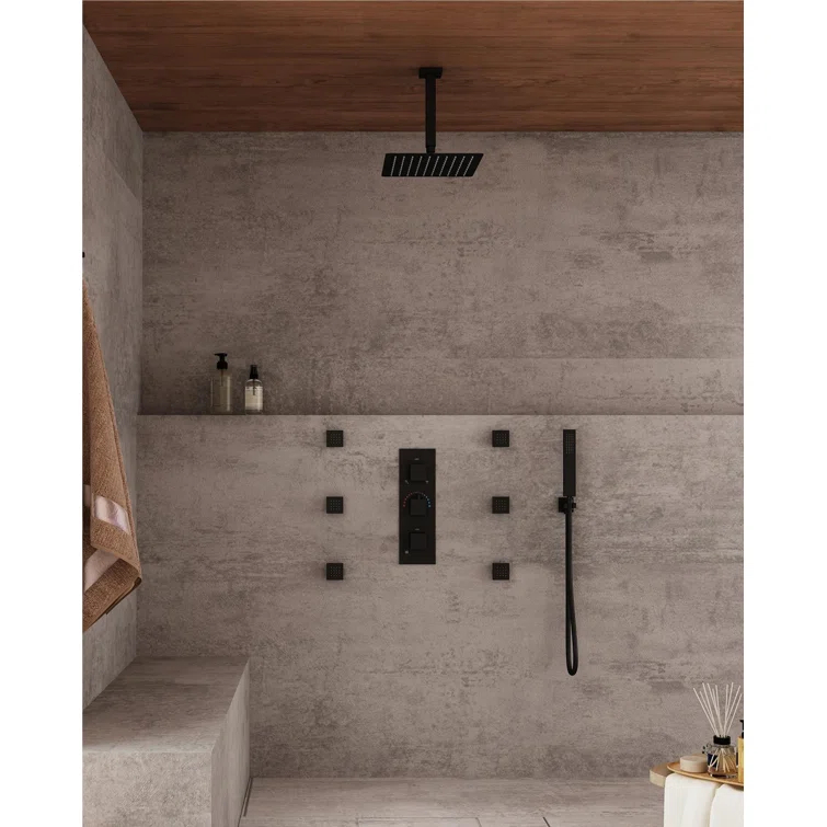 3-Function LED Light Thermostatic Rainfall Shower System with 6 Body Jets and Rough-in Valve