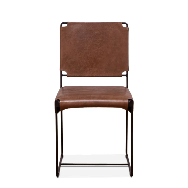 Mid-Century Modern Tobacco Leather and Iron Side Chair