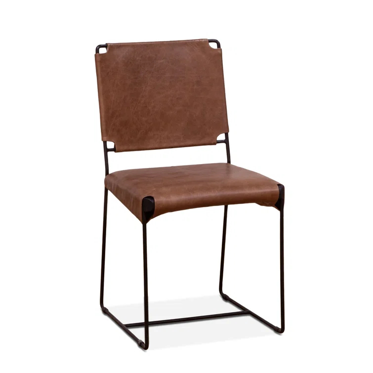 Mid-Century Modern Tobacco Leather and Iron Side Chair
