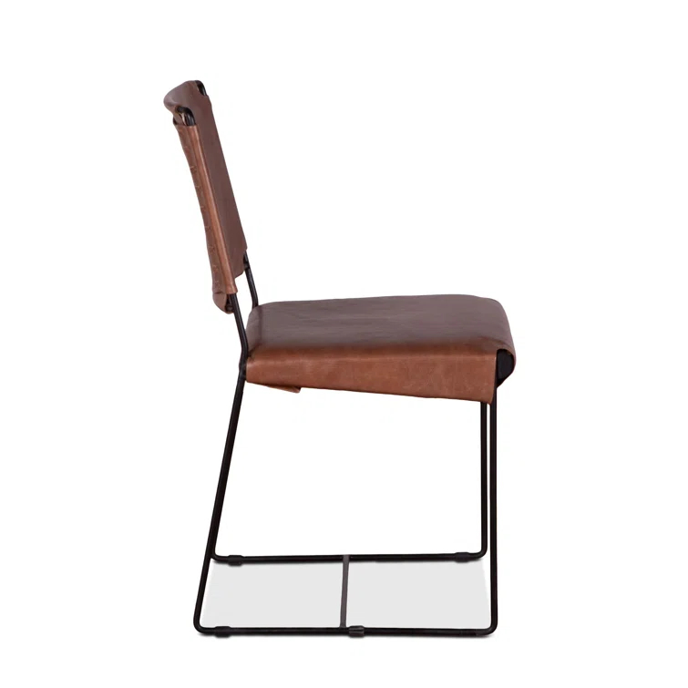Mid-Century Modern Tobacco Leather and Iron Side Chair