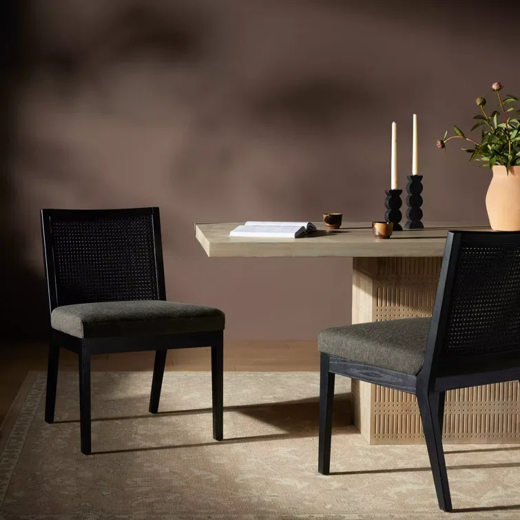 Savile Charcoal High-Back Linen & Cane Side Chair
