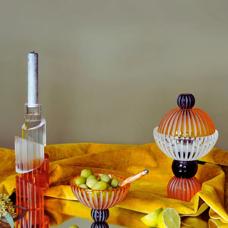 Handcrafted Clear, Black, Amber Glass Multifunctional Footed Bowl